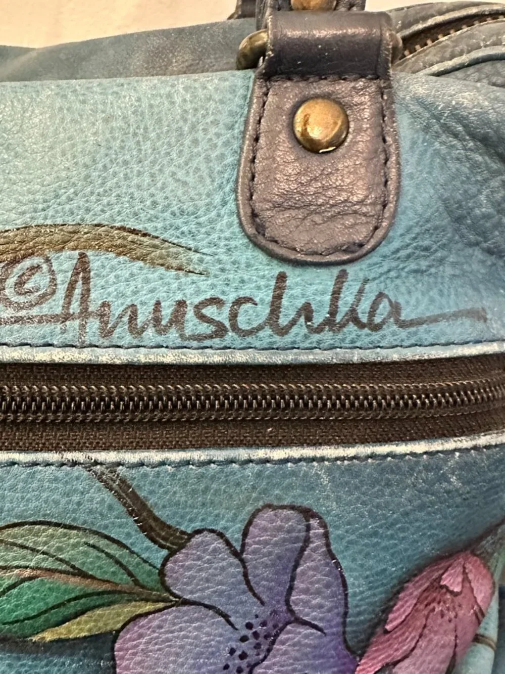 Anushka Hand Painted Leather Satchel Bag Butterfly Bird Floral Turquoise Baes